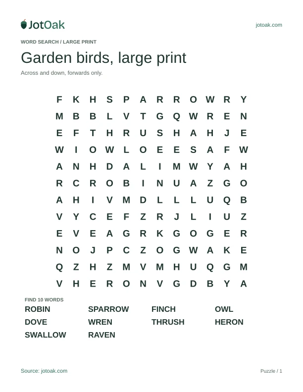 Large print bird word search with ten bird names and generous letter spacing