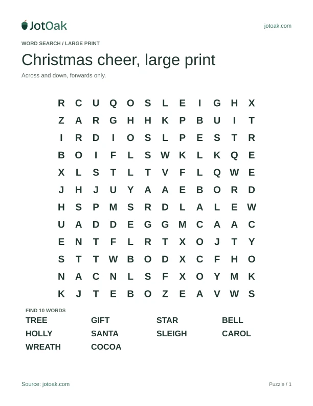 Large print Christmas puzzle with ten festive words and a separate answer key