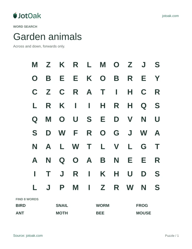 Ten by ten letter grid with bird, snail, worm and other garden animal words