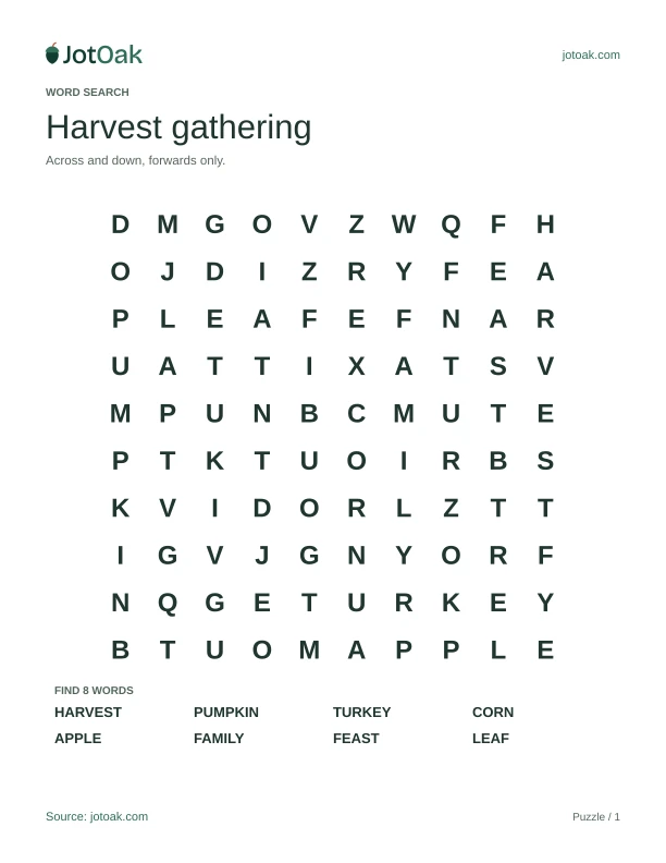Easy Thanksgiving word search with eight harvest and family words