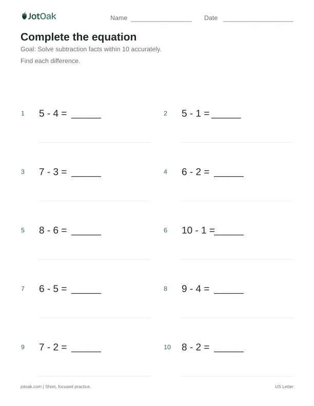 Printable Kindergarten complete the equation worksheet with subtraction within 10