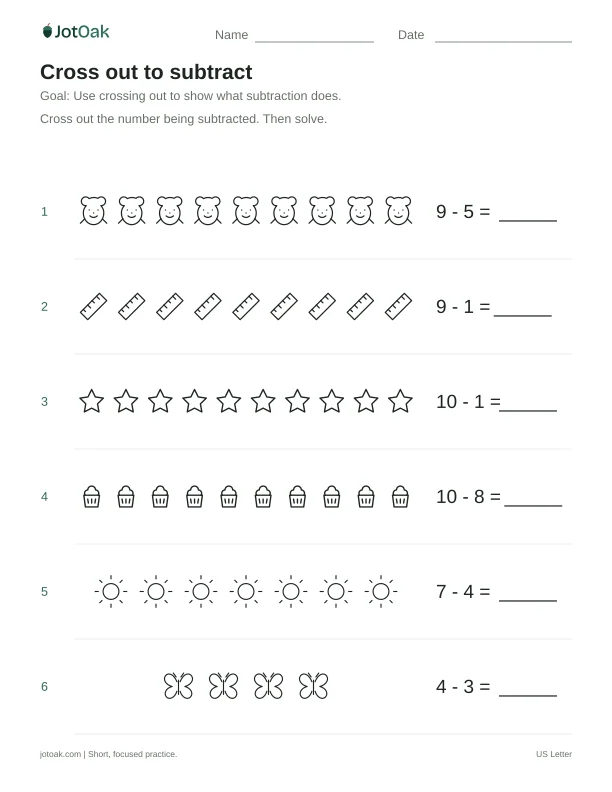 Printable Kindergarten cross out to subtract worksheet with subtraction within 10